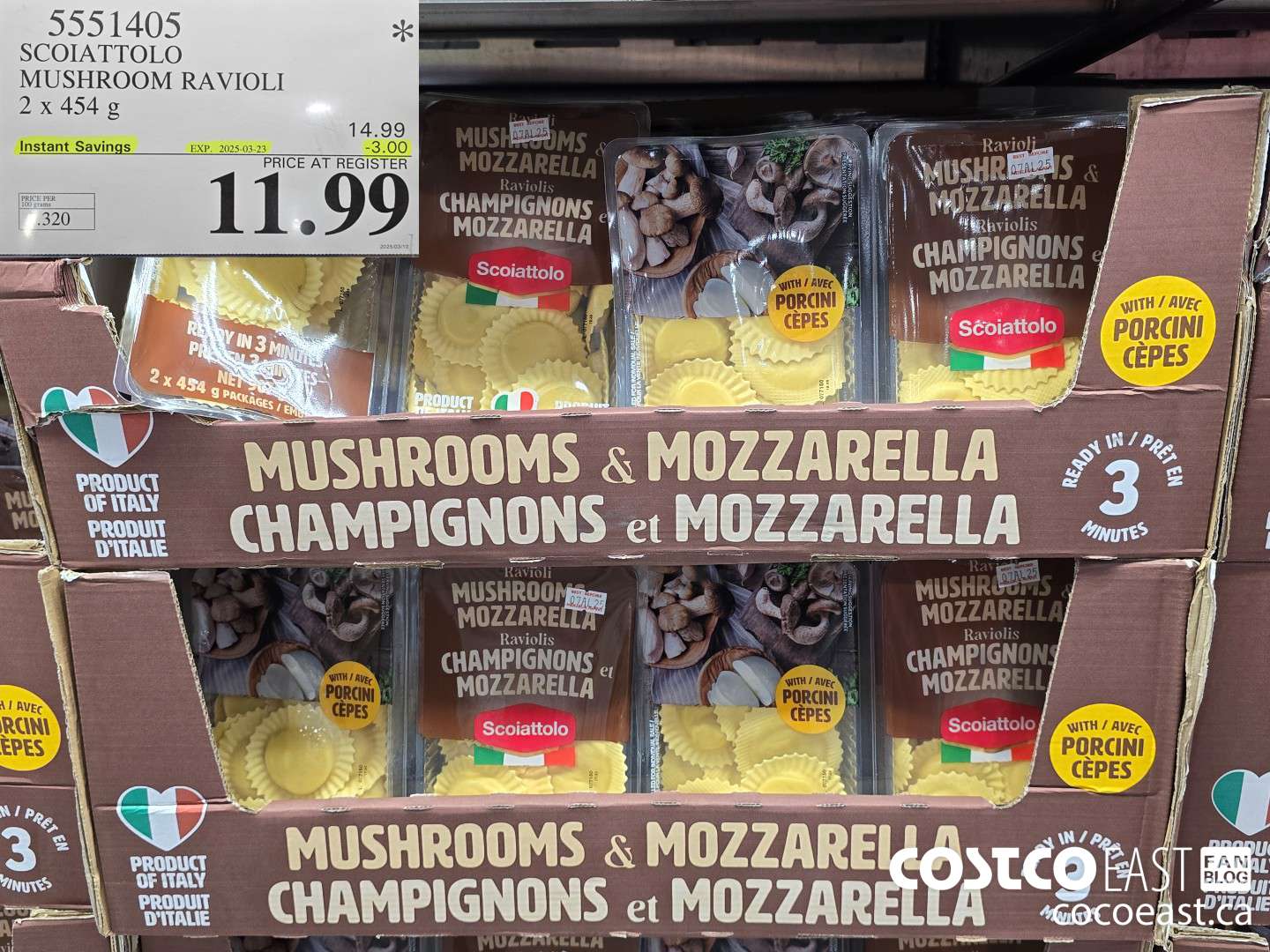 5551405 SCOIATTOLO MUSHROOM RAVIOLI 2 x 454 g ($3.00 INSTANT SAVINGS EXPIRES ON 2025-03-23) $11.99