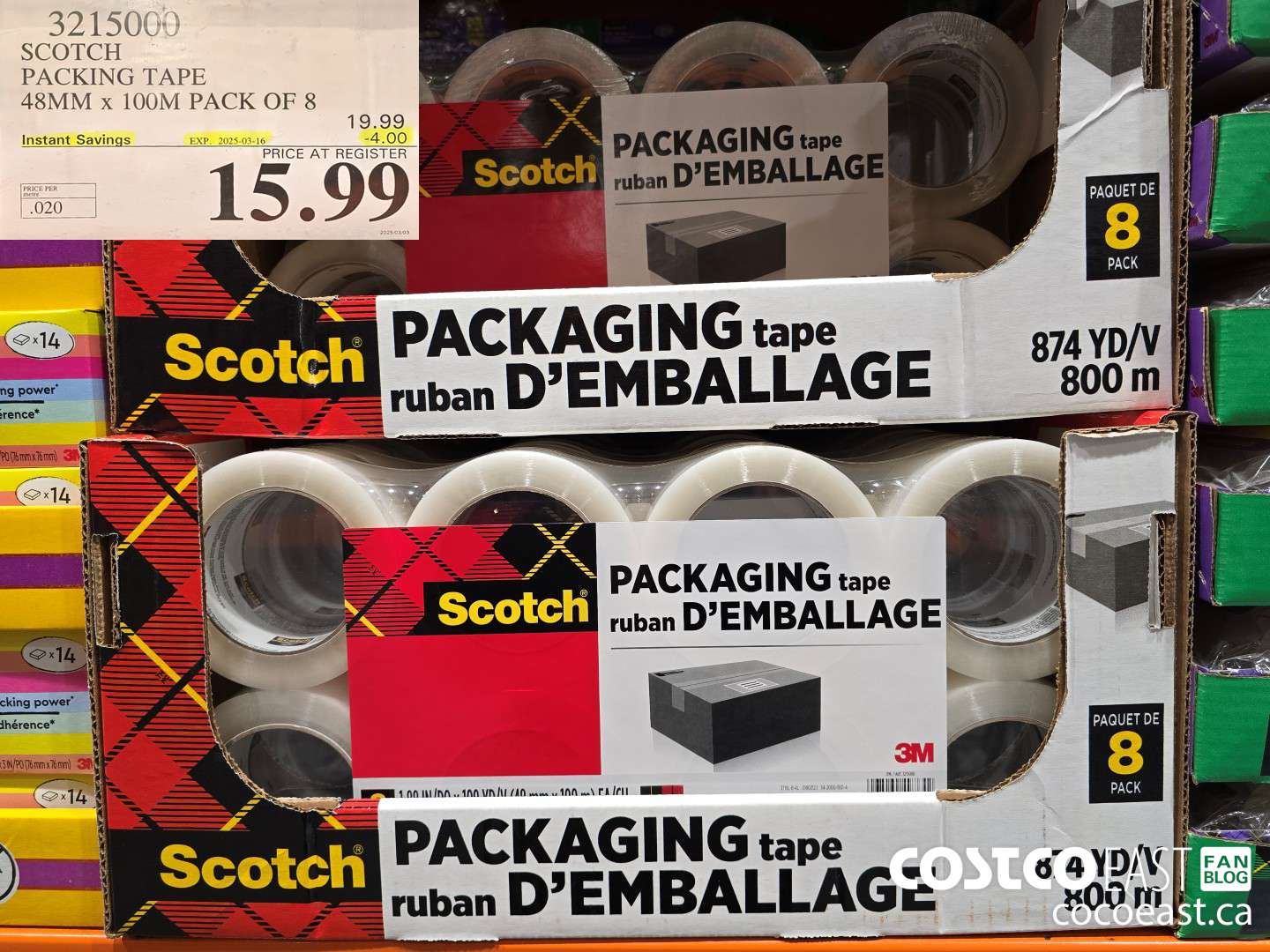 3215000 SCOTCH PACKING TAPE 48MM x 100M PACK OF 8 ($4.00 INSTANT SAVINGS EXPIRES ON 2025-03-16) $15.99