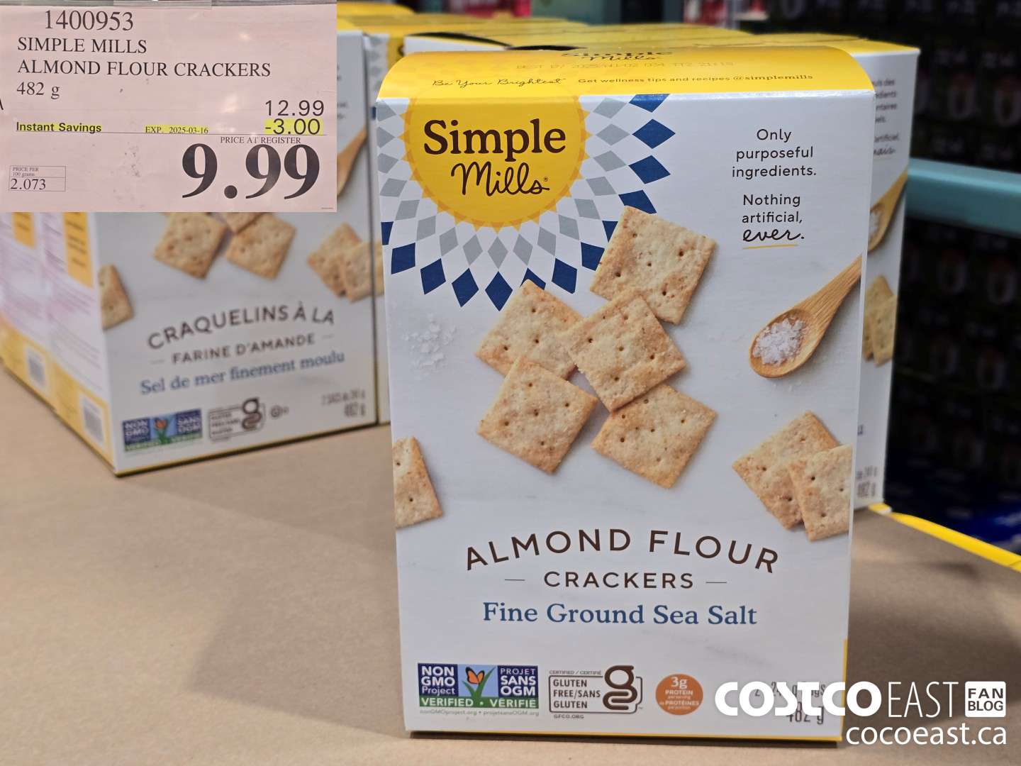 1400953 SIMPLE MILLS ALMOND FLOUR CRACKERS 482 G ($3.00 INSTANT SAVINGS EXPIRES ON 2025-03-16) $9.99