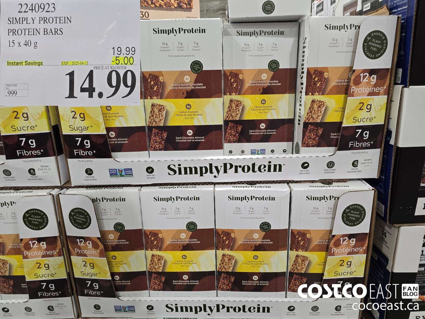 2240923 SIMPLY PROTEIN PROTEIN BARS 15 x 40 g ($5.00 INSTANT SAVINGS EXPIRES ON 2025-04-13) $14.99