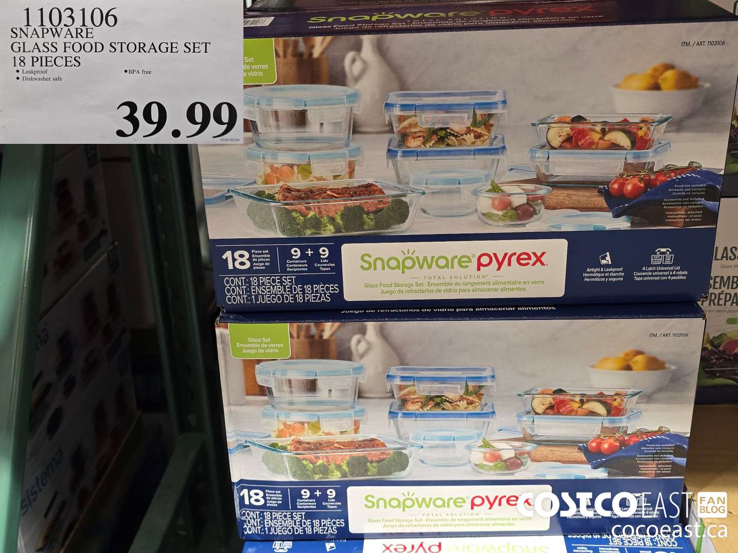 1103106 SNAPWARE GLASS FOOD STORAGE SET 18 PIECES $39.99