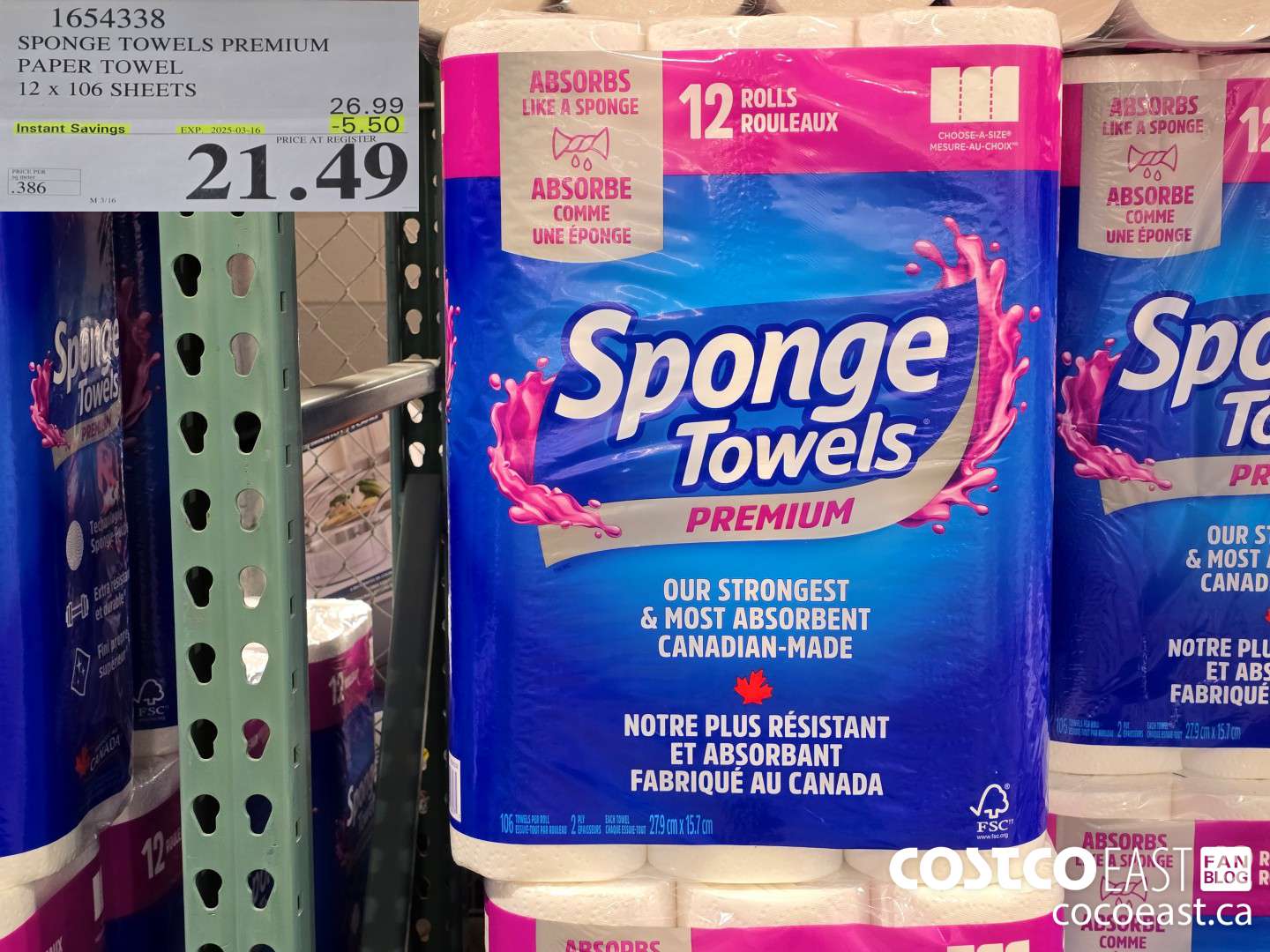 1654338 SPONGE TOWELS PREMIUM PAPER TOWEL 12 x 106 SHEETS ($5.50 INSTANT SAVINGS EXPIRES ON 2025-03-16) $21.49