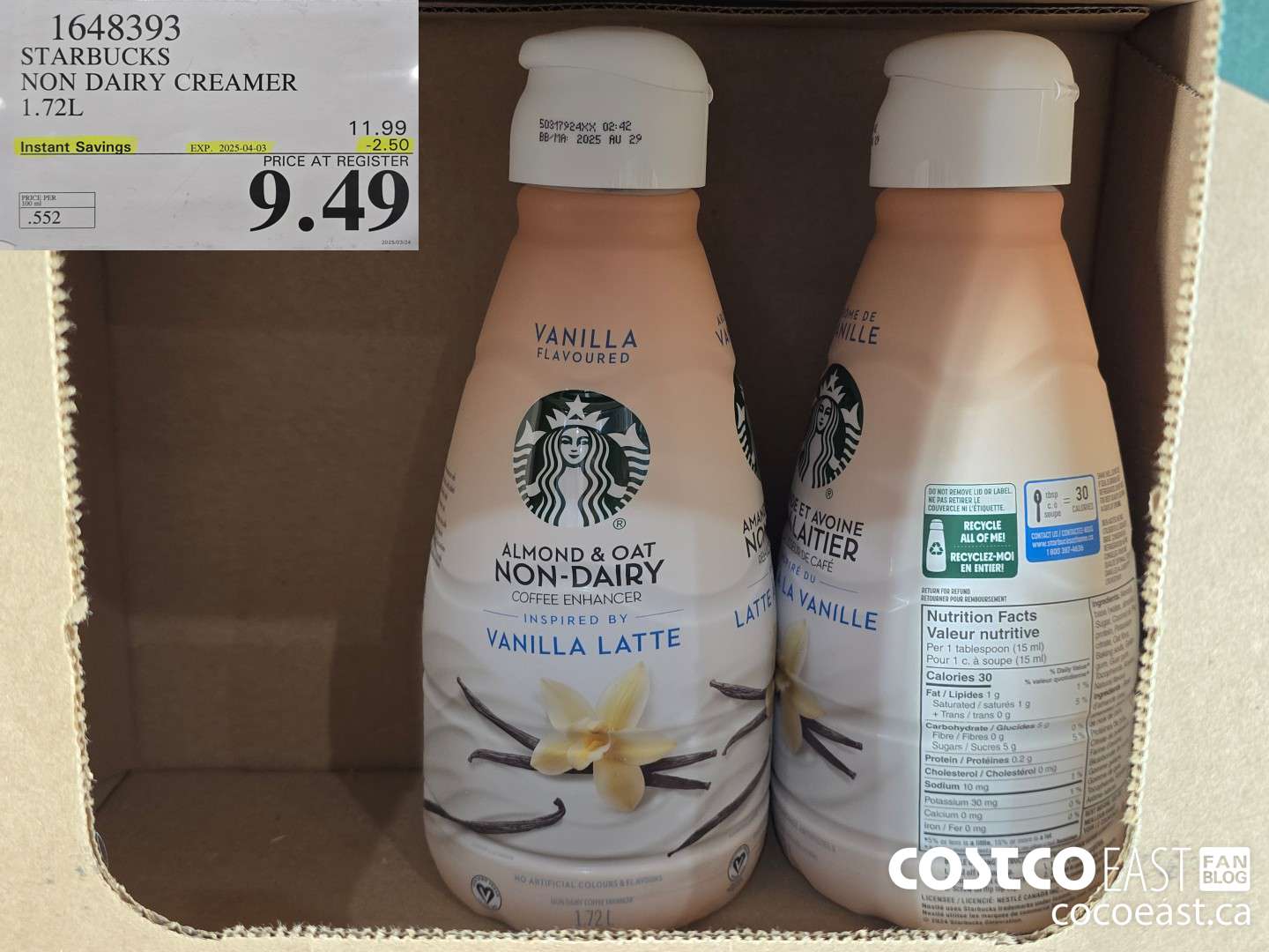 1648393 STARBUCKS NON DAIRY CREAMER 1.72 L ($2.50 INSTANT SAVINGS EXPIRES ON 2025-04-03) $9.49