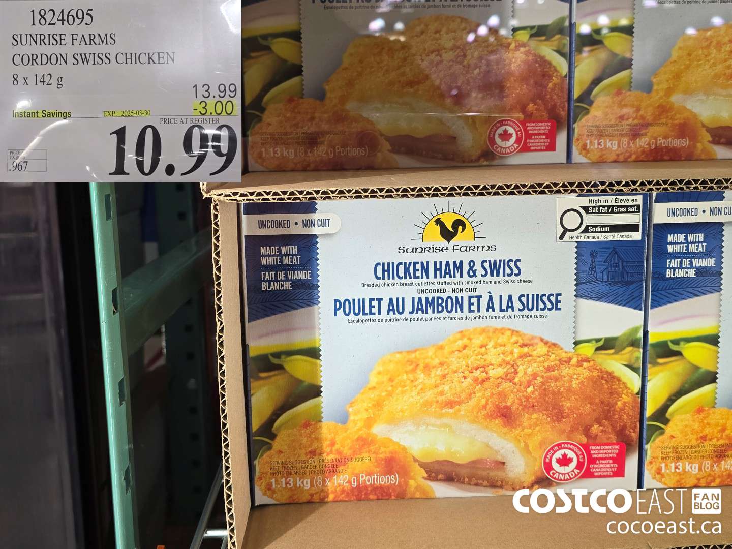 1824695 SUNRISE FARMS CORDON SWISS CHICKEN 8 X 142 G ($3.00 INSTANT SAVINGS EXPIRES ON 2025-03-30) $10.99