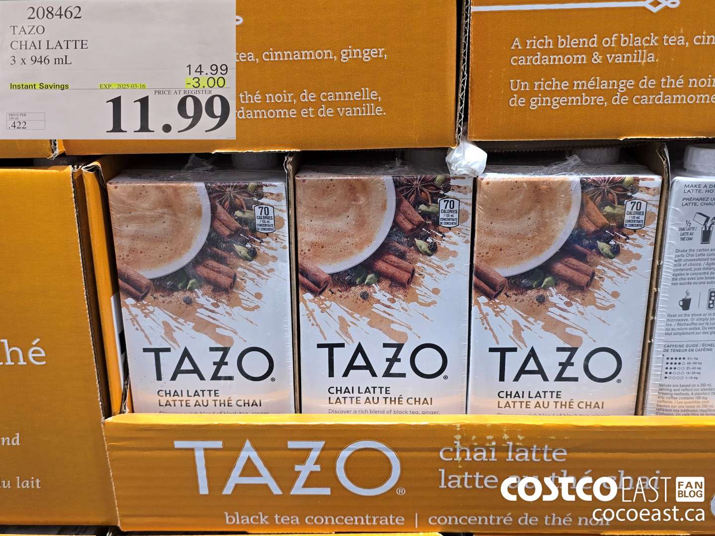 208462 TAZO CHAI LATTE 3 X 946 ML ($3.00 INSTANT SAVINGS EXPIRES ON 2025-03-16) $11.99