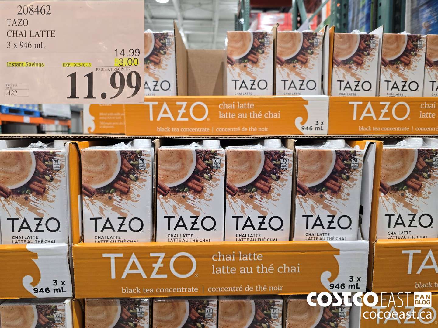 208462 TAZO CHAI LATTE 3 X 946 ML ($3.00 INSTANT SAVINGS EXPIRES ON 2025-03-16) $11.99