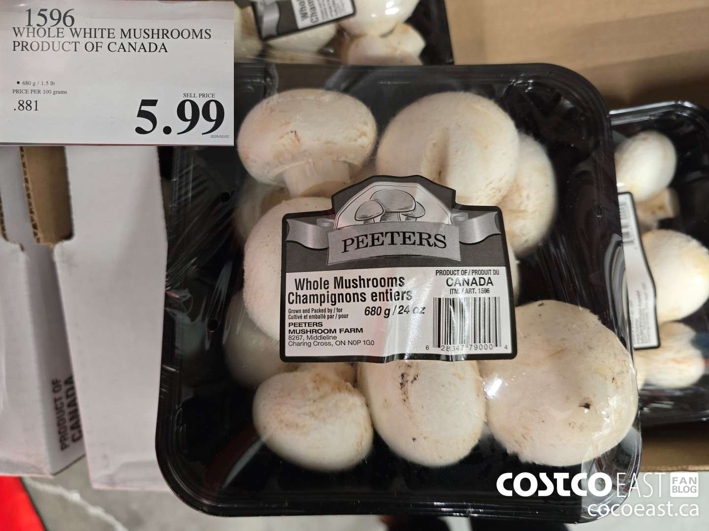 1596 WHOLE WHITE MUSHROOMS PRODUCT OF CANADA $5.99