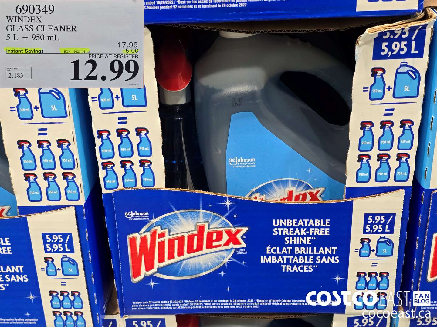 690349 WINDEX GLASS CLEANER 5 L + 950 ML ($5.00 INSTANT SAVINGS EXPIRES ON 2025-04-13) $12.99