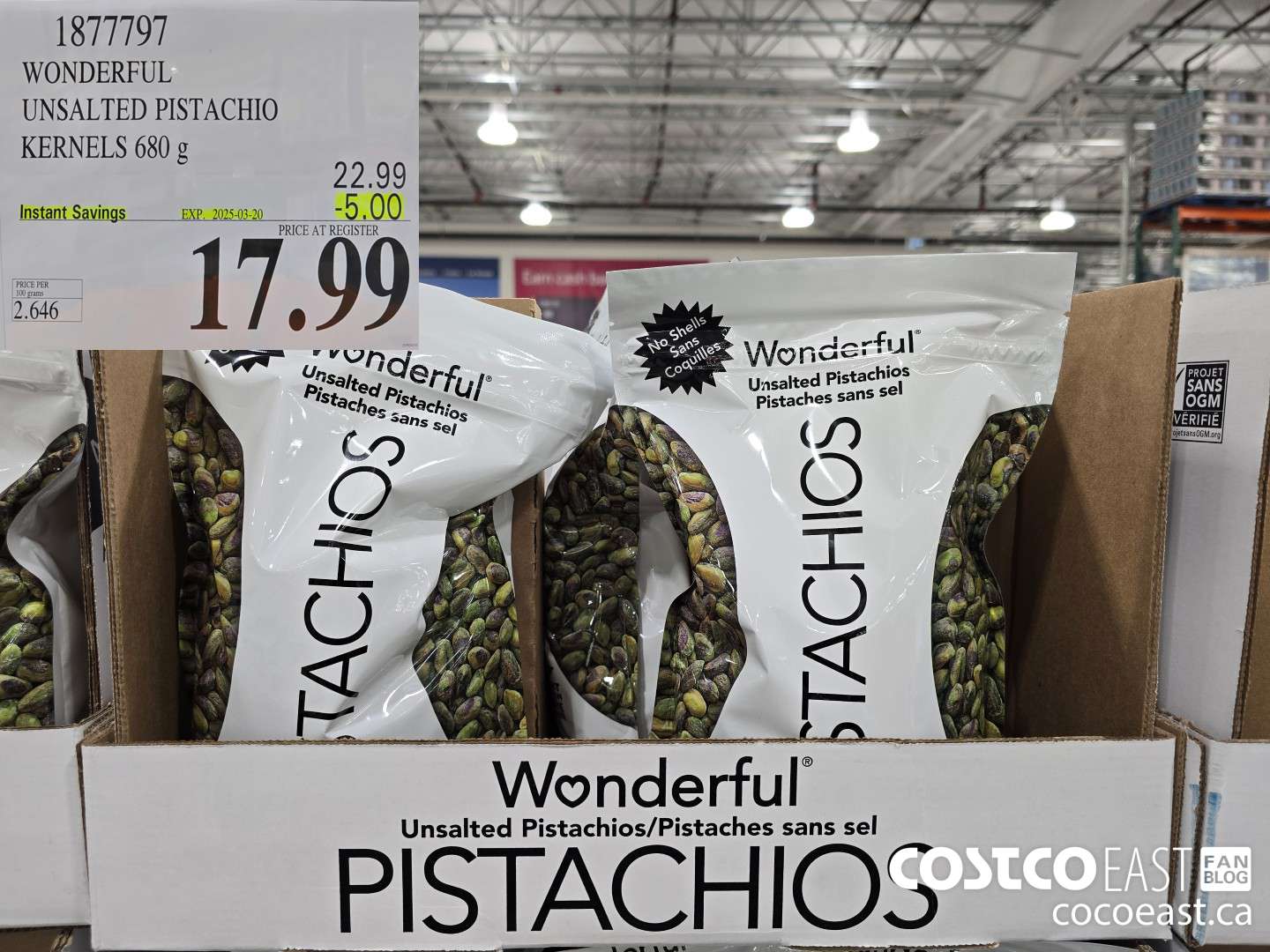 1877797 WONDERFUL UNSALTED PISTACHIO KERNELS 680 g ($5.00 INSTANT SAVINGS EXPIRES ON 2025-03-20) $17.99
