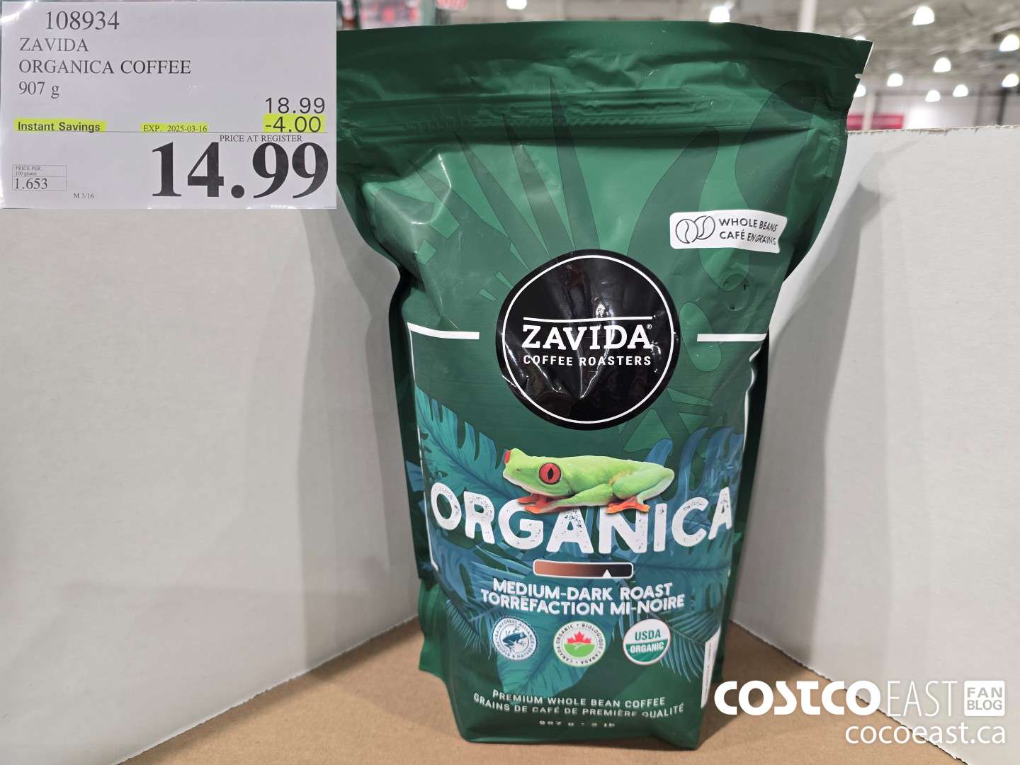 108934 ZAVIDA ORGANICA COFFEE 907 g ($4.00 INSTANT SAVINGS EXPIRES ON 2025-03-16) $14.99
