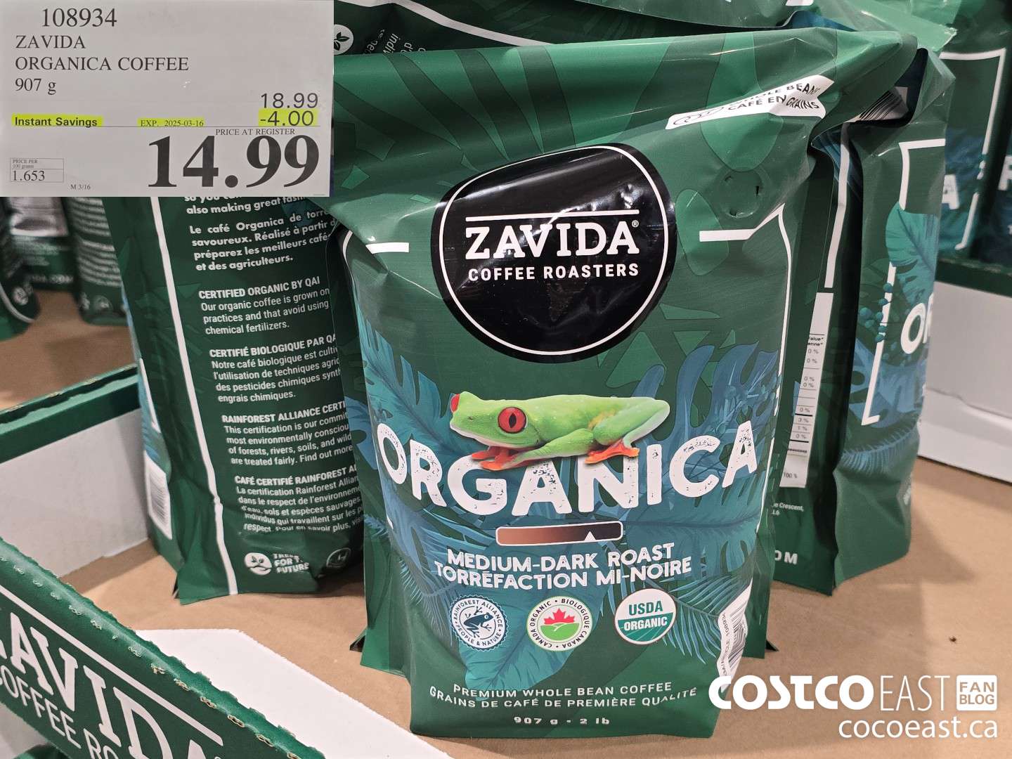 108934 ZAVIDA ORGANICA COFFEE 907 g ($4.00 INSTANT SAVINGS EXPIRES ON 2025-03-16) $14.99
