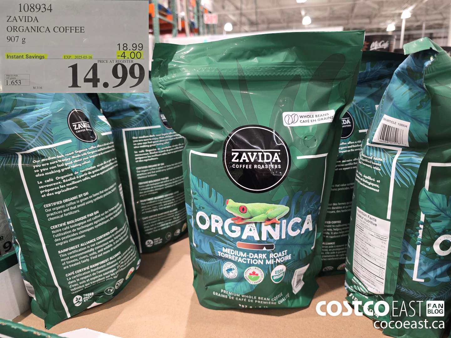 108934 ZAVIDA ORGANICA COFFEE 907 g ($4.00 INSTANT SAVINGS EXPIRES ON 2025-03-16) $14.99