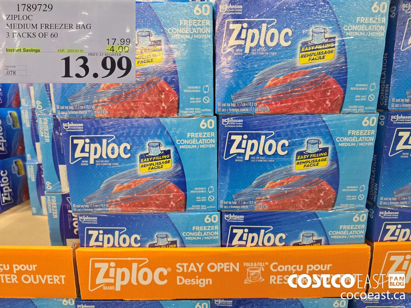 1789729 ZIPLOC MEDIUM FREEZER BAG 3 PACKS OF 60 ($4.00 INSTANT SAVINGS EXPIRES ON 2025-03-30) $13.99
