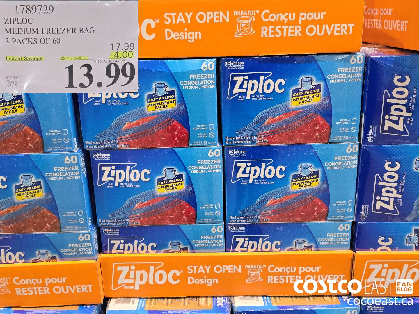 1789729 ZIPLOC MEDIUM FREEZER BAG 3 PACKS OF 60 ($4.00 INSTANT SAVINGS EXPIRES ON 2025-03-30) $13.99