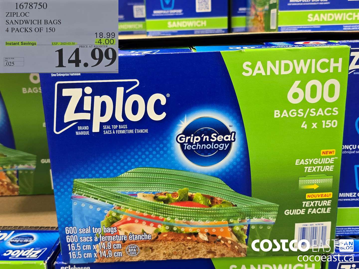 1678750 ZIPLOC SANDWICH BAGS 4 PACKS OF 150 ($4.00 INSTANT SAVINGS EXPIRES ON 2025-03-30) $14.99