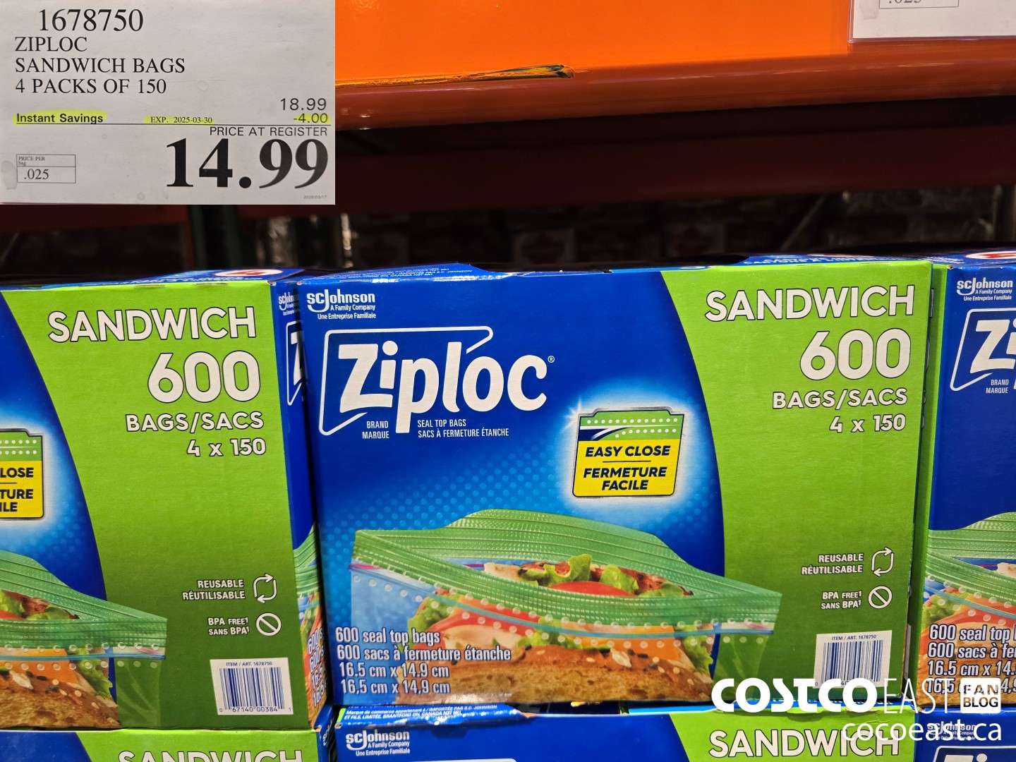 1678750 ZIPLOC SANDWICH BAGS 4 PACKS OF 150 ($4.00 INSTANT SAVINGS EXPIRES ON 2025-03-30) $14.99