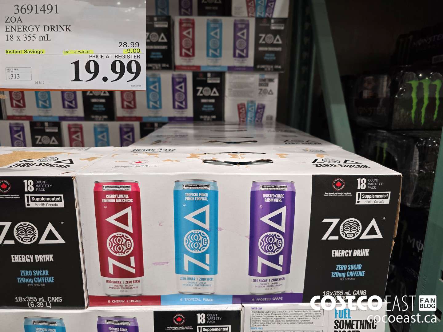 3691491 ZOA ENERGY DRINK 18 x 355 mL ($9.00 INSTANT SAVINGS EXPIRES ON 2025-03-16) $19.99