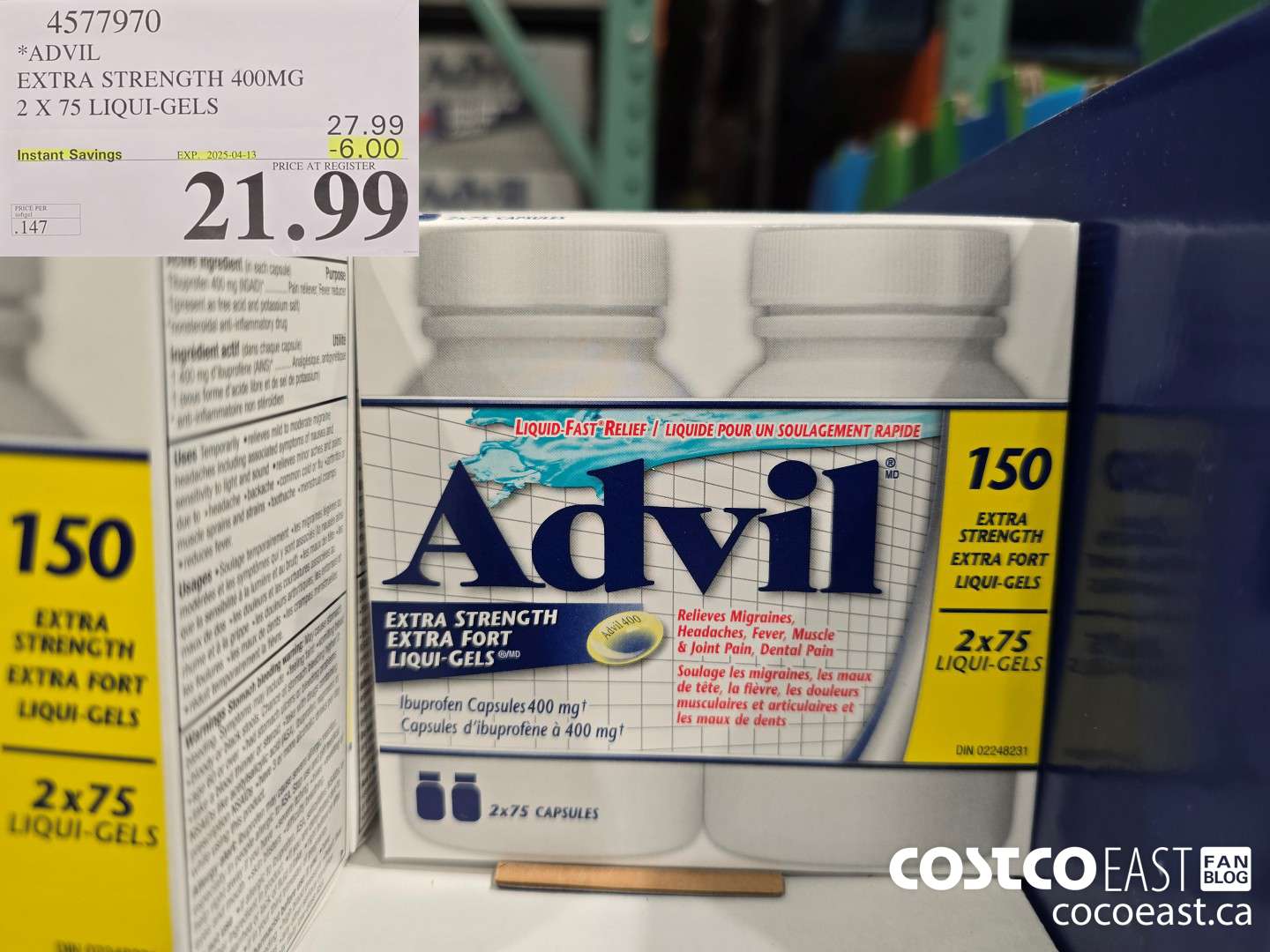4577970 ADVIL EXTRA STRENGTH 400 MG 2 X 75 LIQUI-GELS ($6.00 INSTANT SAVINGS EXPIRES ON 2025-04-13) $21.99