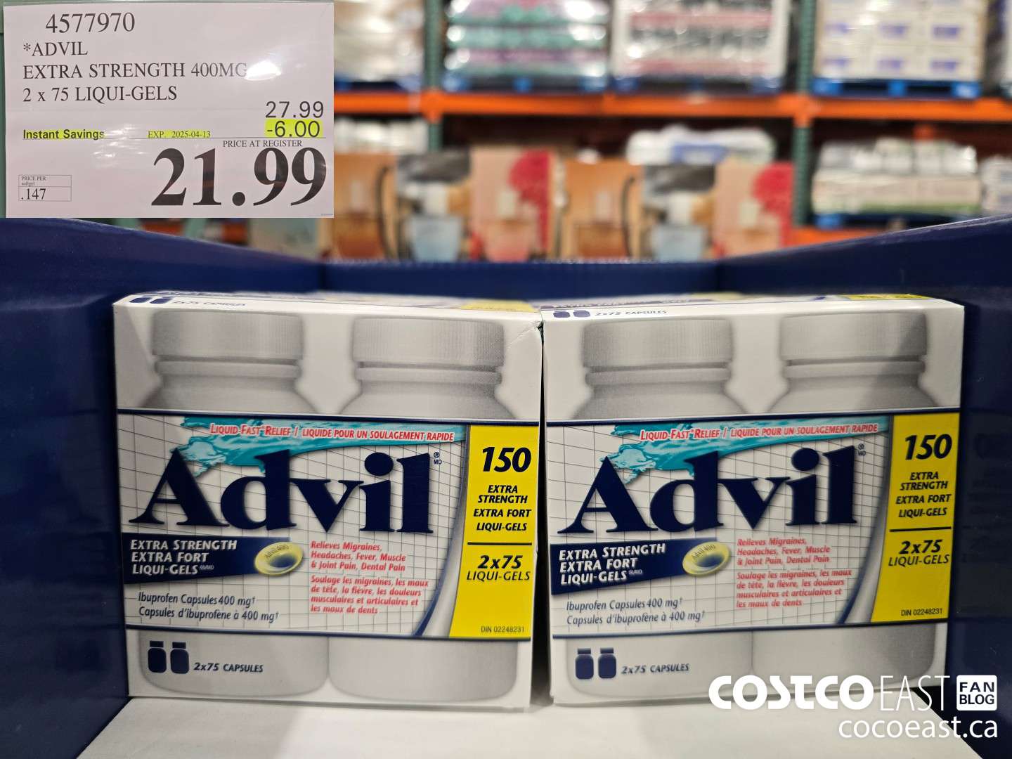 4577970 ADVIL EXTRA STRENGTH 400 MG 2 X 75 LIQUI-GELS ($6.00 INSTANT SAVINGS EXPIRES ON 2025-04-13) $21.99