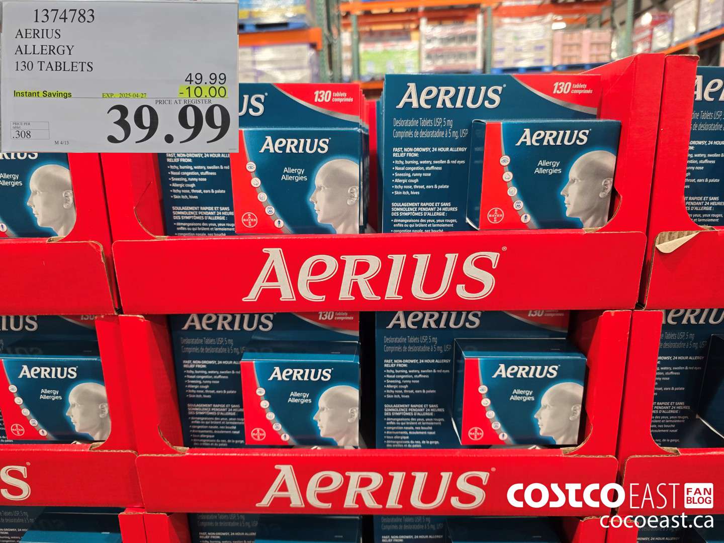 1374783 AERIUS ALLERGY 130 TABLETS ($10.00 INSTANT SAVINGS EXPIRES ON 2025-04-27) $39.99