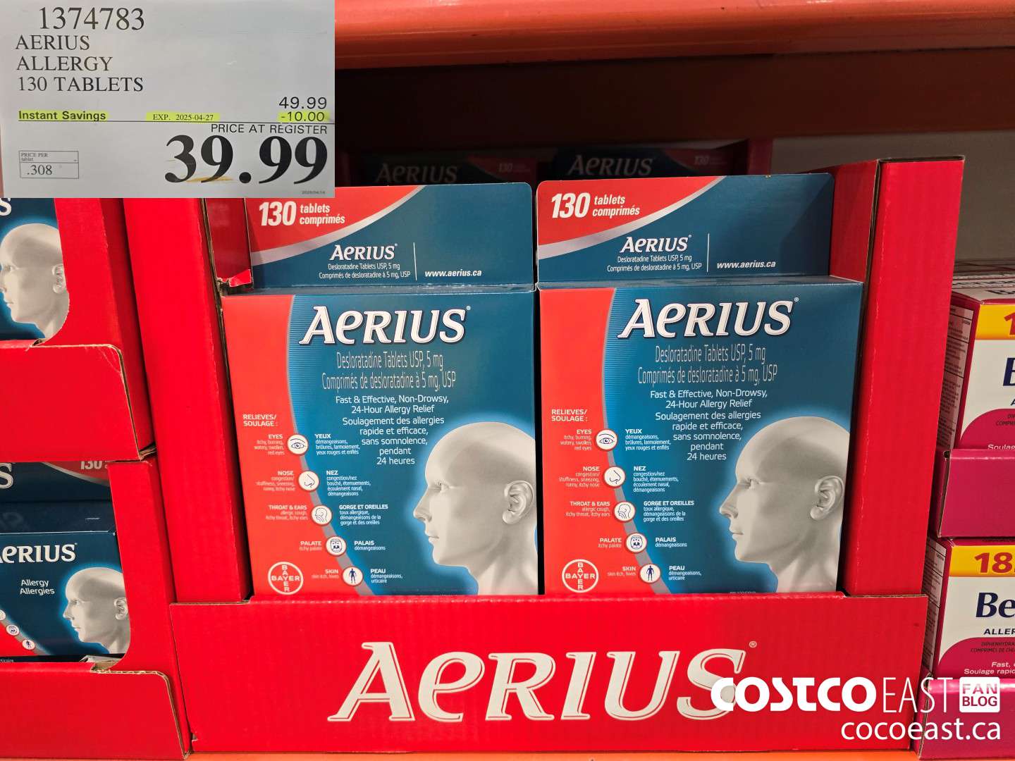 1374783 AERIUS ALLERGY 130 TABLETS ($10.00 INSTANT SAVINGS EXPIRES ON 2025-04-27) $39.99