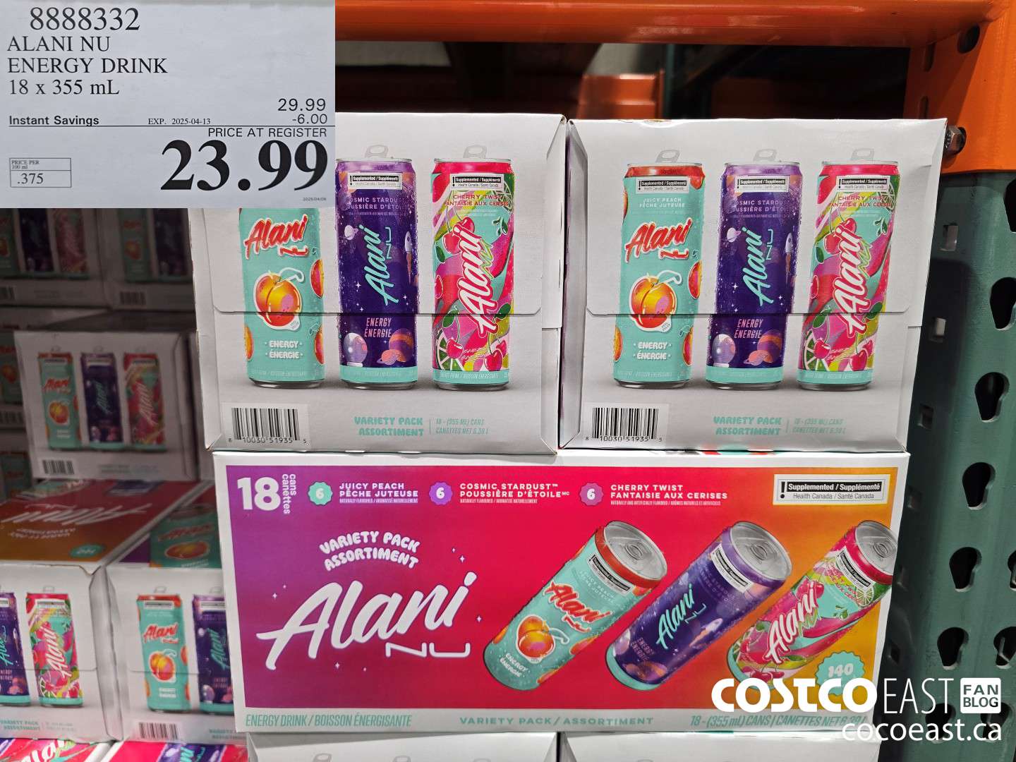 8888332 ALANI NU ENERGY DRINK 18 x 355 mL ($6.00 INSTANT SAVINGS EXPIRES ON 2025-04-13) $23.99