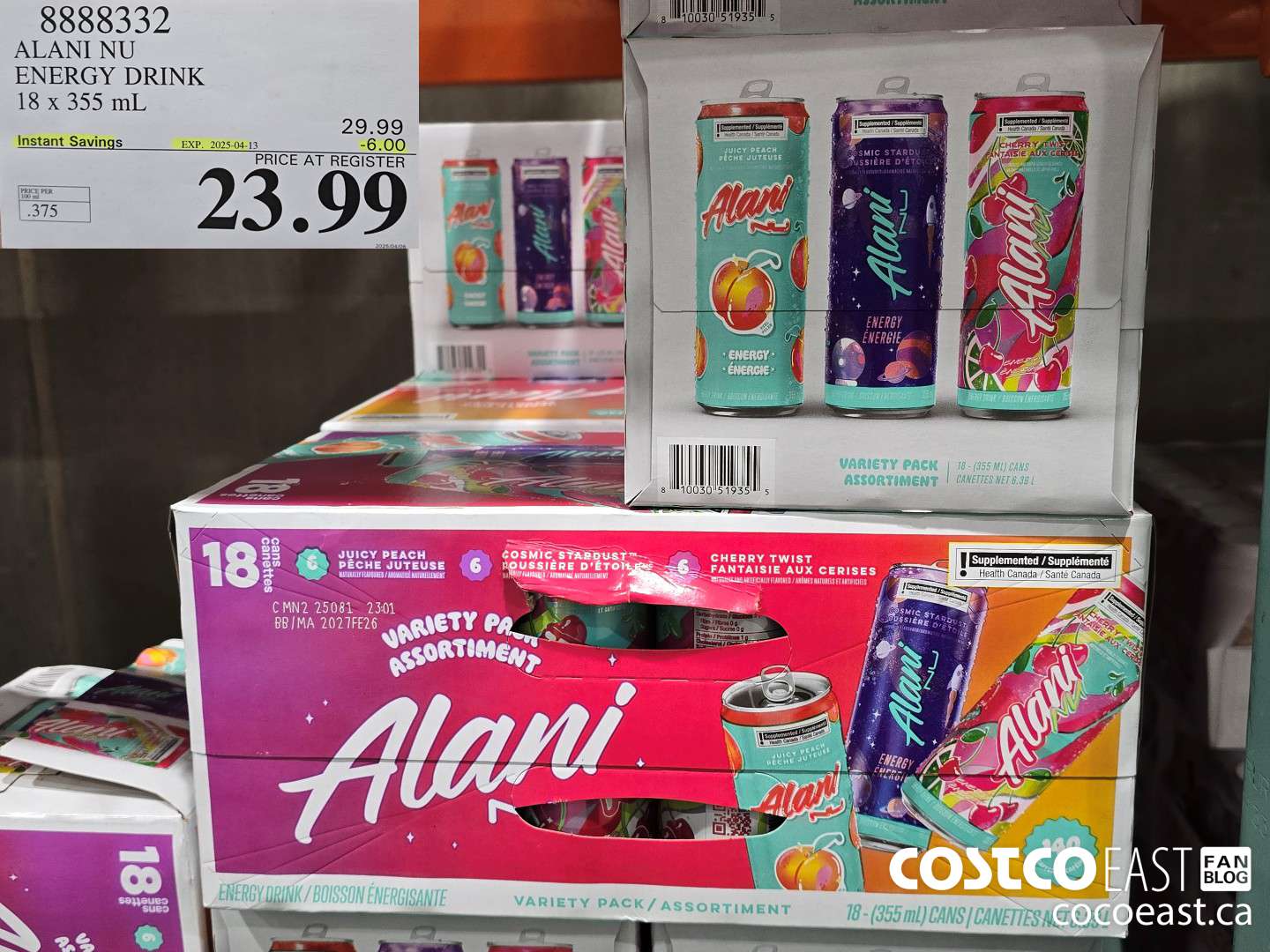8888332 ALANI NU ENERGY DRINK 18 x 355 mL ($6.00 INSTANT SAVINGS EXPIRES ON 2025-04-13) $23.99