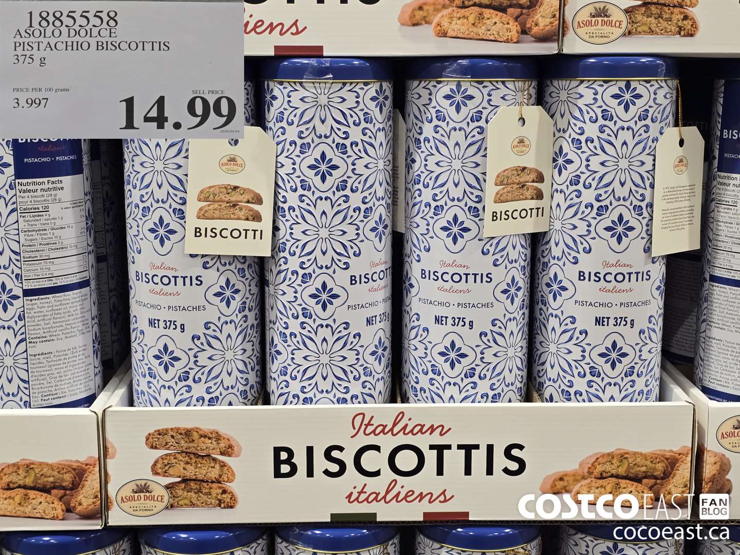 1885558 ASOLO DOLCE PISTACHIO BISCOTTIS 375 G $14.99