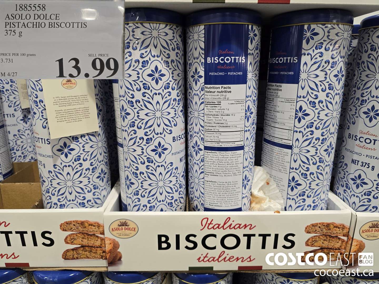 1885558 ASOLO DOLCE PISTACHIO BISCOTTIS 375 G $13.99