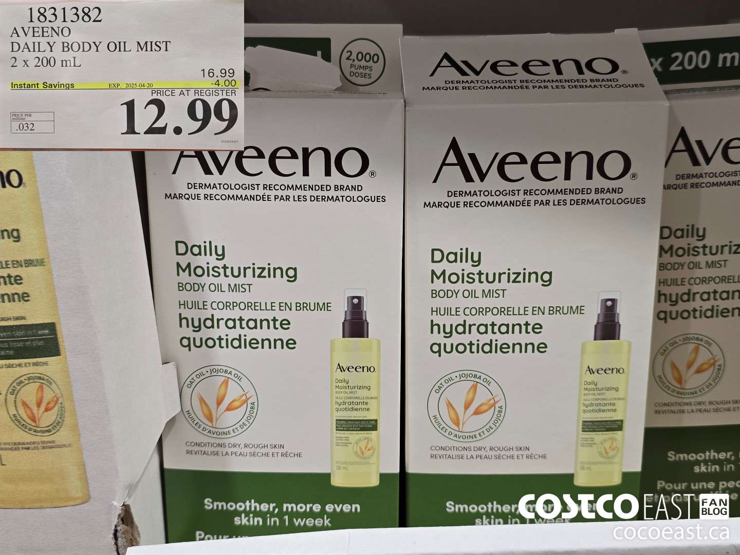 1831382 AVEENO DAILY BODY OIL MIST 2 x 200 mL ($4.00 INSTANT SAVINGS EXPIRES ON 2025-04-20) $12.99