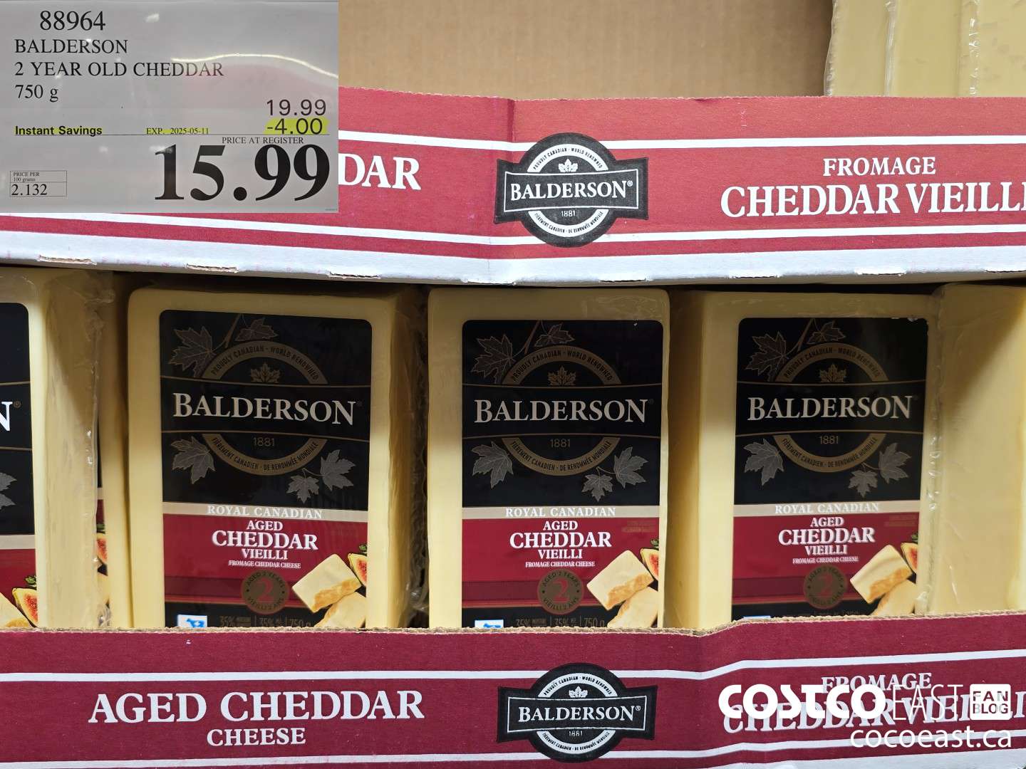 88964 BALDERSON 2 YEAR OLD CHEDDAR 750 g ($4.00 INSTANT SAVINGS EXPIRES ON 2025-05-11) $15.99