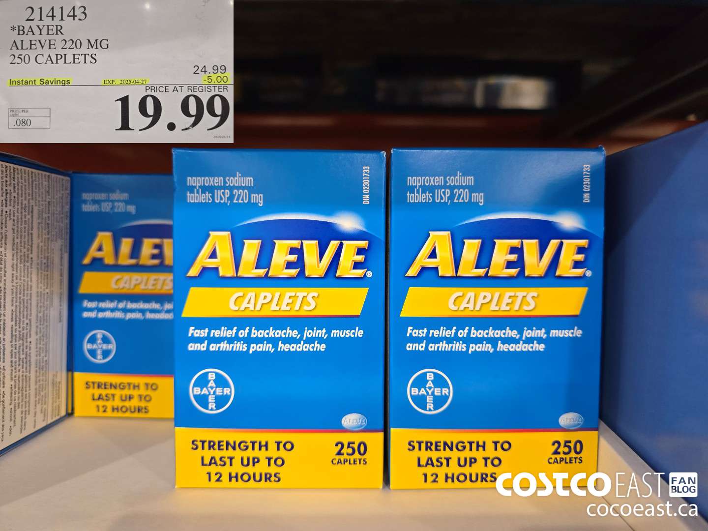 214143 BAYER ALEVE 220 MG 250 CAPLETS ($5.00 INSTANT SAVINGS EXPIRES ON 2025-04-27) $19.99
