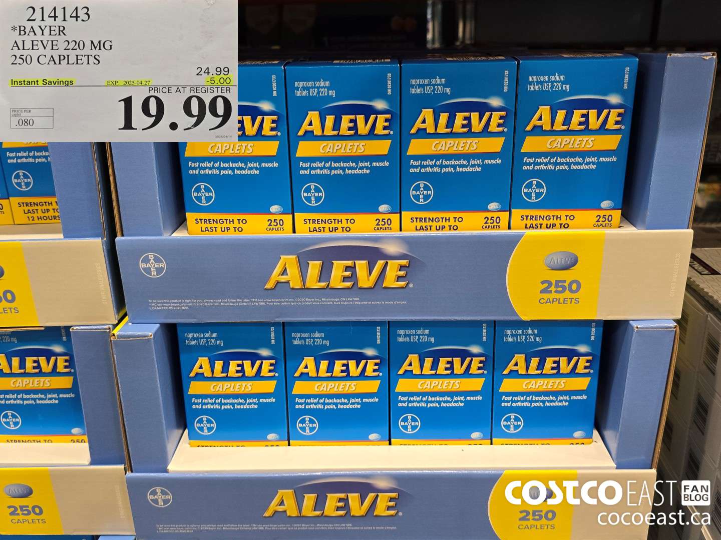 214143 BAYER ALEVE 220 MG 250 CAPLETS ($5.00 INSTANT SAVINGS EXPIRES ON 2025-04-27) $19.99