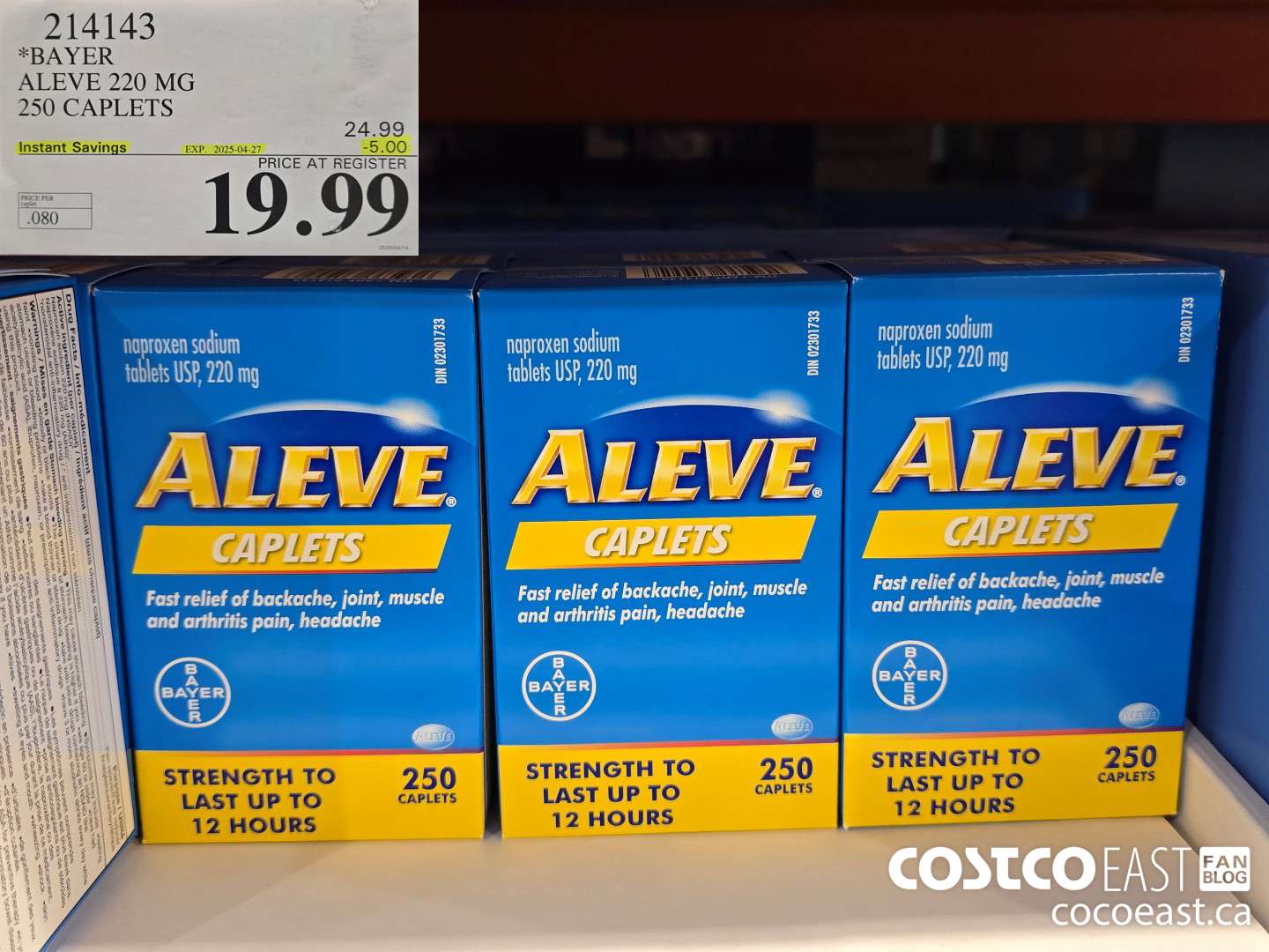 214143 BAYER ALEVE 220 MG 250 CAPLETS ($5.00 INSTANT SAVINGS EXPIRES ON 2025-04-27) $19.99