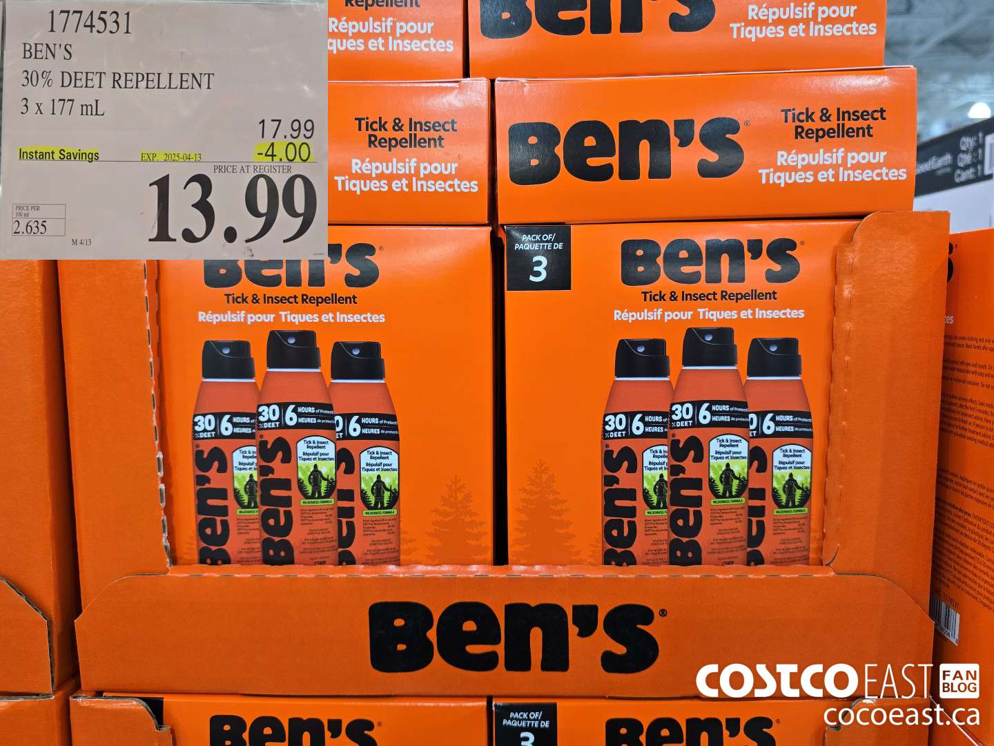 1774531 BEN'S 30% DEET REPELLENT 3 X 177 ML ($4.00 INSTANT SAVINGS EXPIRES ON 2025-04-13) $13.99