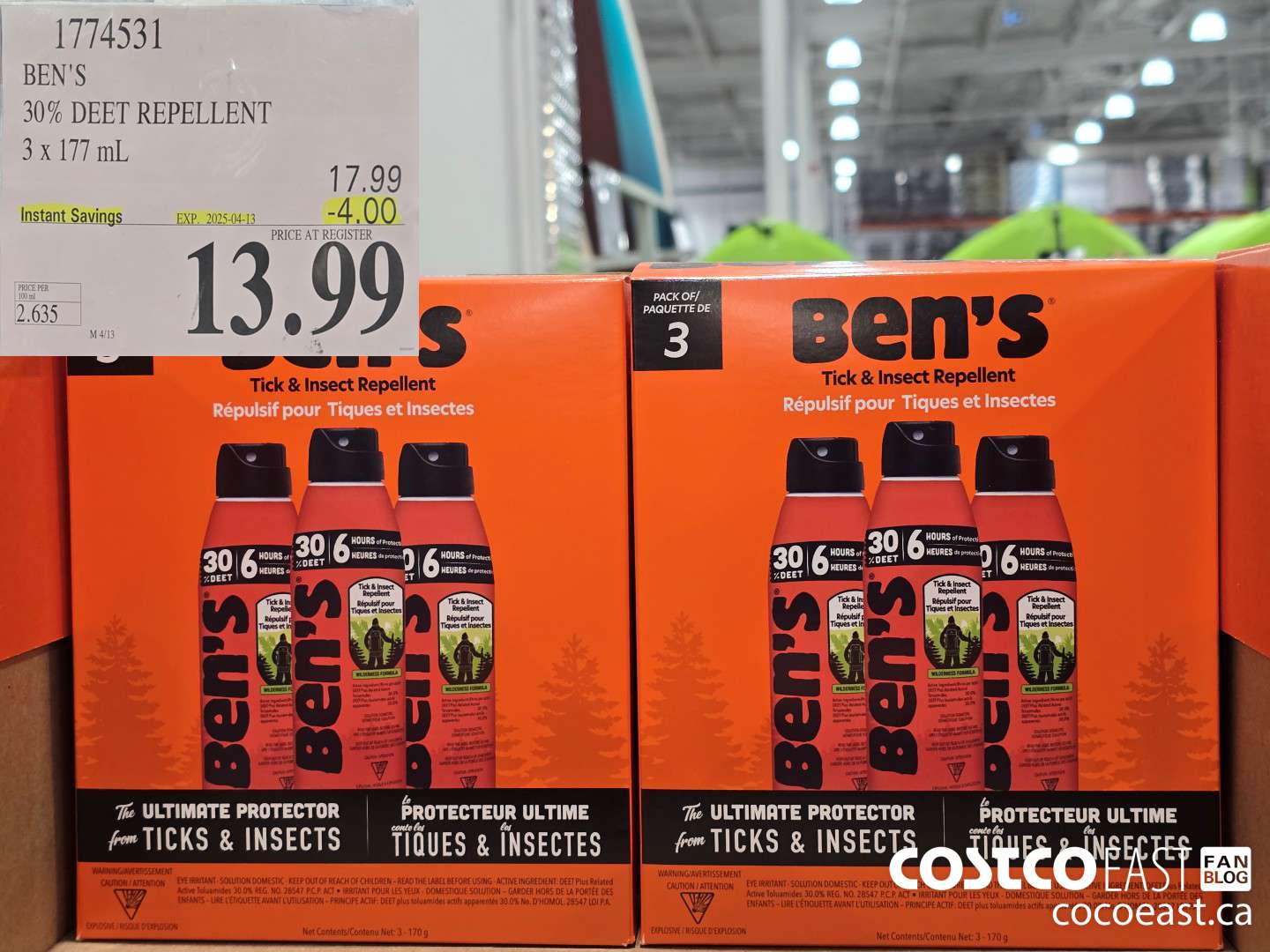 1774531 BEN'S 30% DEET REPELLENT 3 X 177 ML ($4.00 INSTANT SAVINGS EXPIRES ON 2025-04-13) $13.99