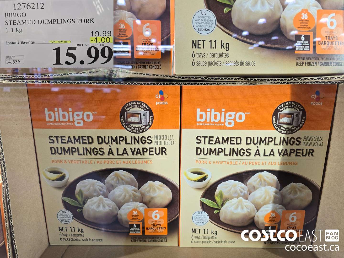 1276212 BIBIGO STEAMED DUMPLINGS PORK 1.1 KG ($4.00 INSTANT SAVINGS EXPIRES ON 2025-04-13) $15.99