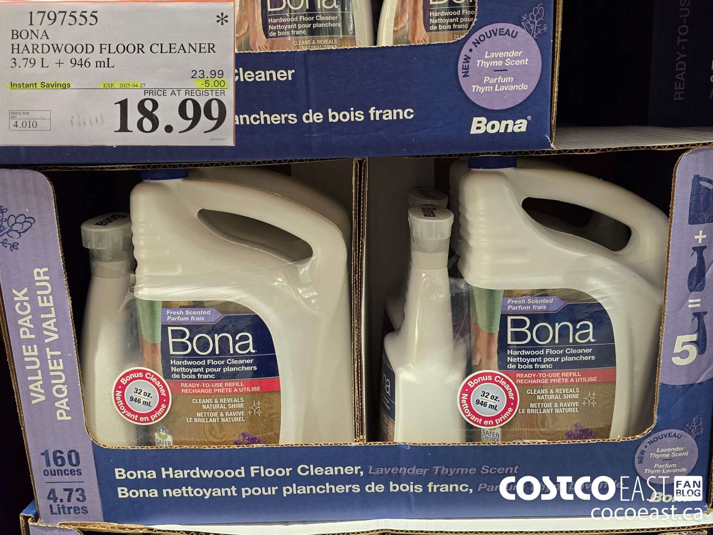 1797555 BONA HARDWOOD FLOOR CLEANER 3.79 L + 946 mL ($5.00 INSTANT SAVINGS EXPIRES ON 2025-04-27) $18.99