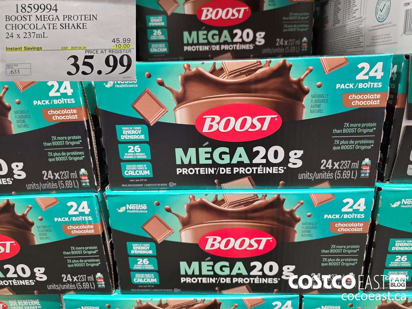 1859994 BOOST MEGA PROTEIN CHOCOLATE SHAKE 24 x 237mL ($10.0 INSTANT SAVINGS EXPIRES ON 2025-04-20) $35.99