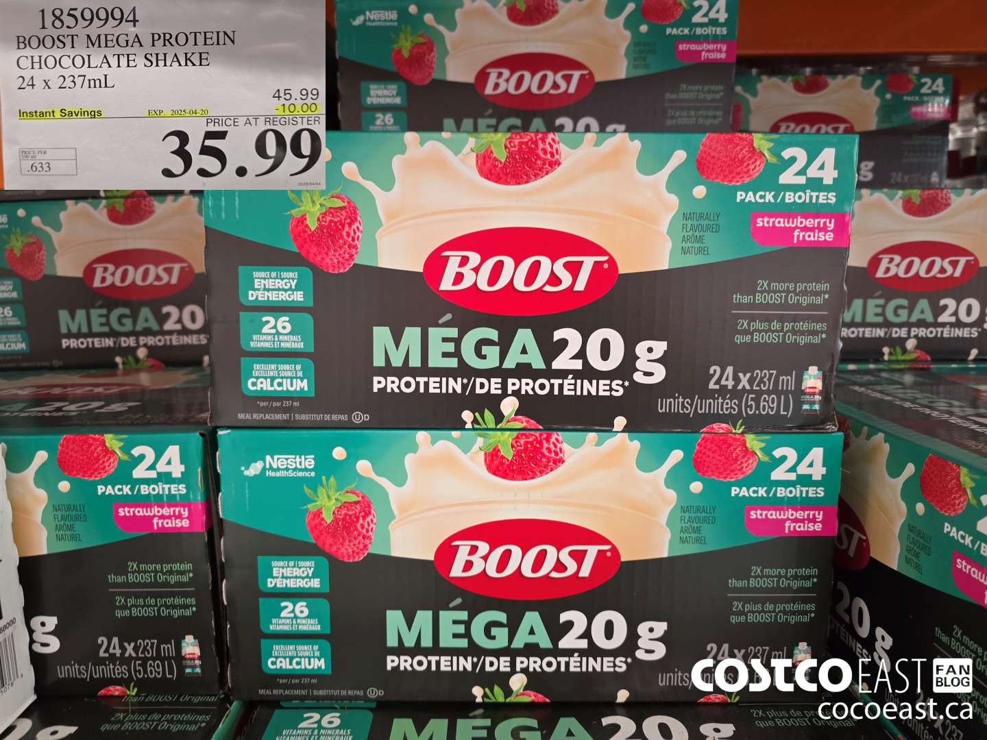 1859994 BOOST MEGA PROTEIN CHOCOLATE SHAKE 24 x 237mL ($10.00 INSTANT SAVINGS EXPIRES ON 2025-04-20) $35.99