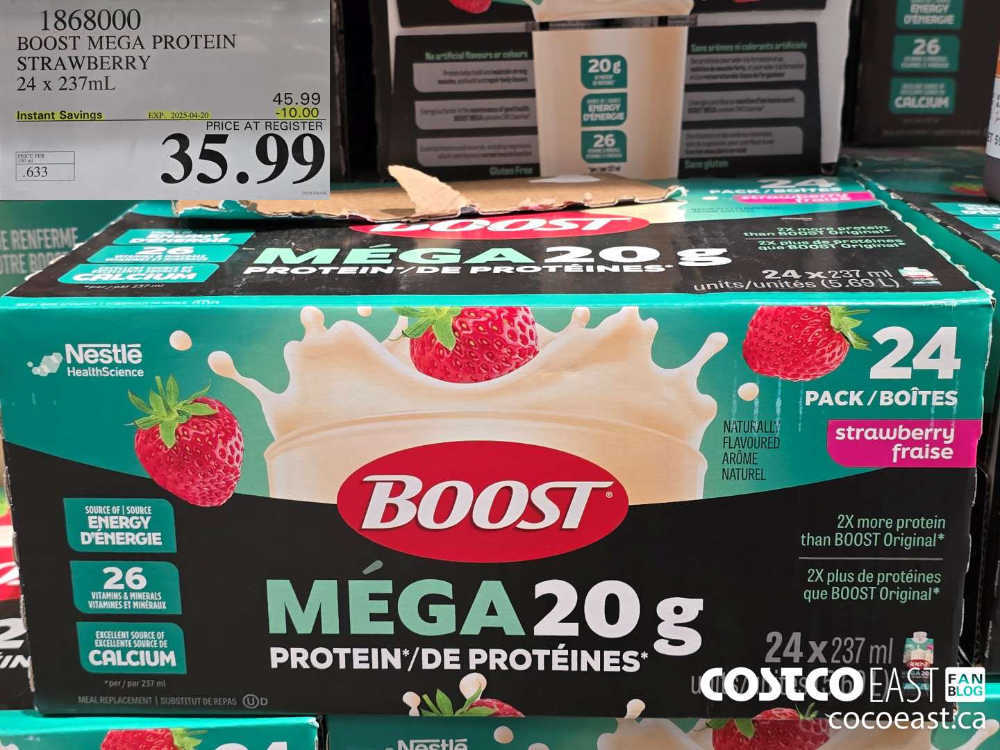 1868000 BOOST MEGA PROTEIN STRAWBERRY 24 x 237mL ($10.00 INSTANT SAVINGS EXPIRES ON 2025-04-20) $35.99