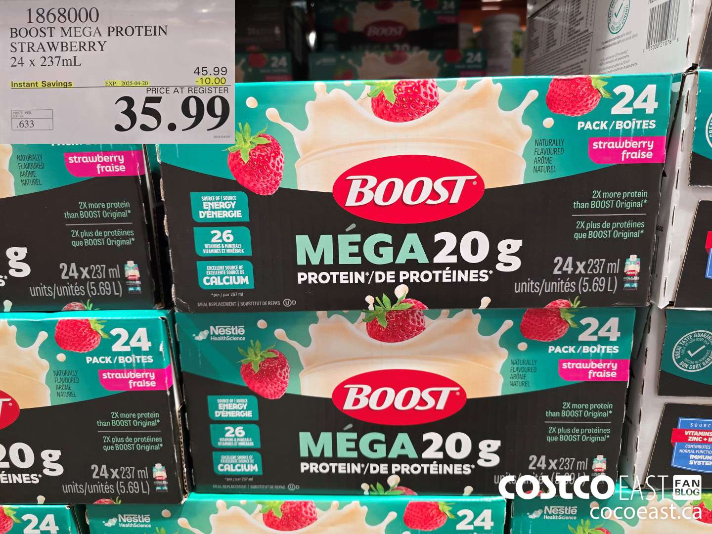 1868000 BOOST MEGA PROTEIN STRAWBERRY 24 x 237mL ($10.00 INSTANT SAVINGS EXPIRES ON 2025-04-20) $35.99