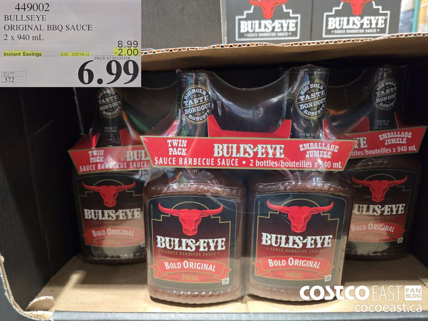 449002 BULLSEYE ORIGINAL BBQ SAUCE 2 X 940 ML ($2.00 INSTANT SAVINGS EXPIRES ON 2025-04-13) $6.99