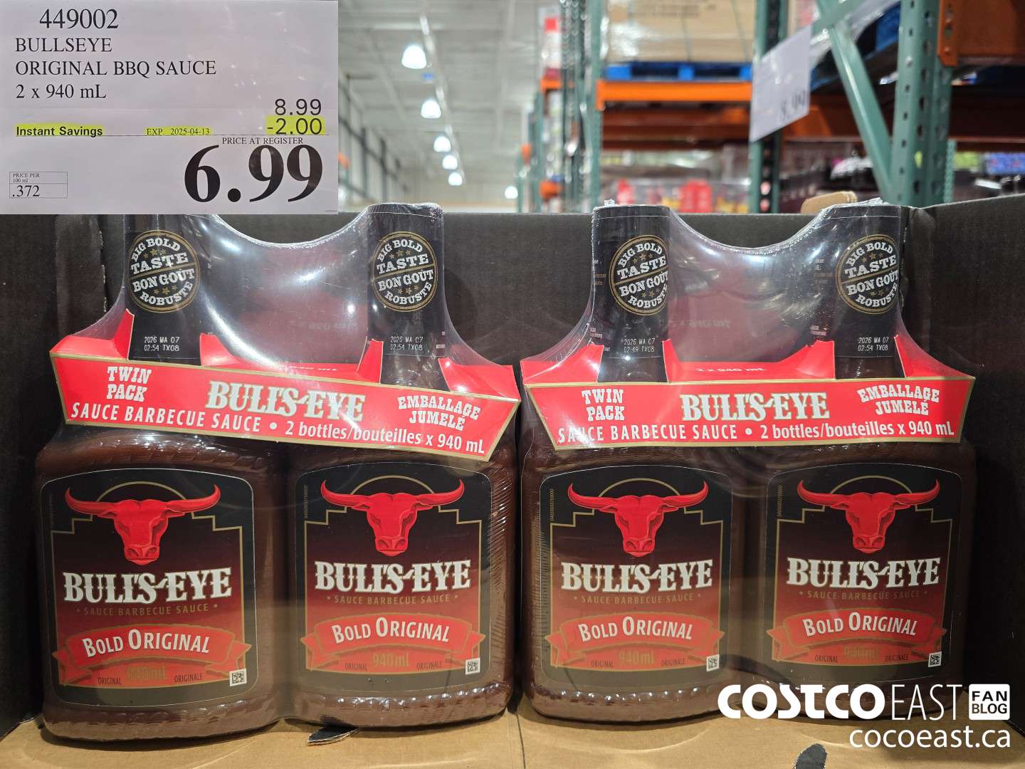 449002 BULLSEYE ORIGINAL BBQ SAUCE 2 X 940 ML ($2.00 INSTANT SAVINGS EXPIRES ON 2025-04-13) $6.99