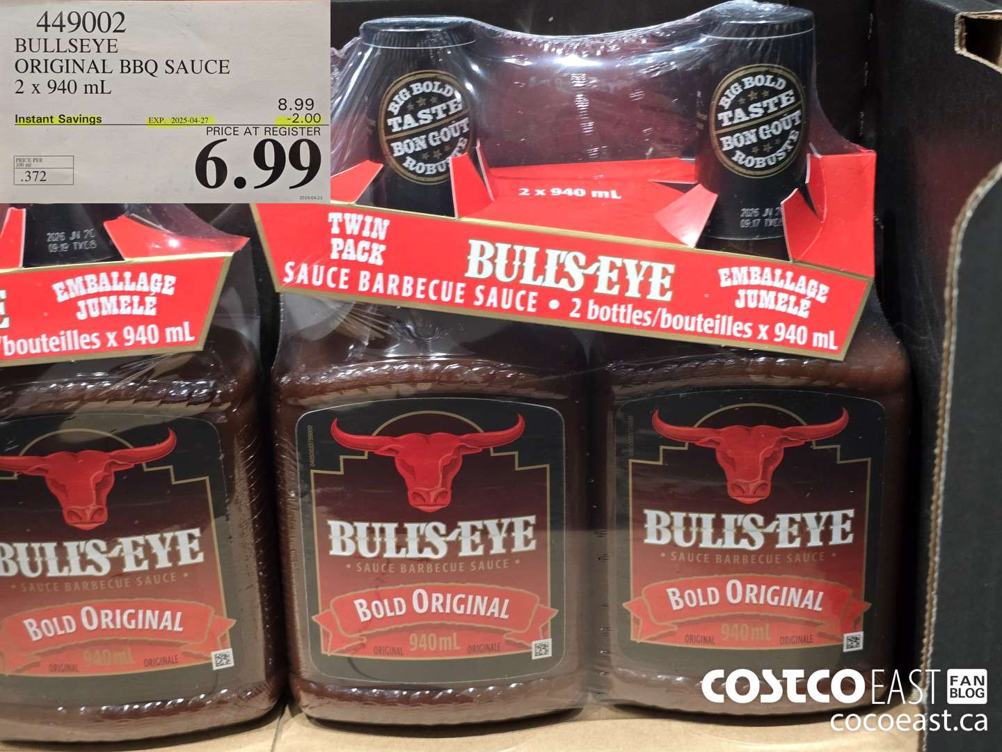 449002 BULLSEYE ORIGINAL BBQ SAUCE 2 X 940 ML ($2.00 INSTANT SAVINGS EXPIRES ON 2025-04-27) $6.99