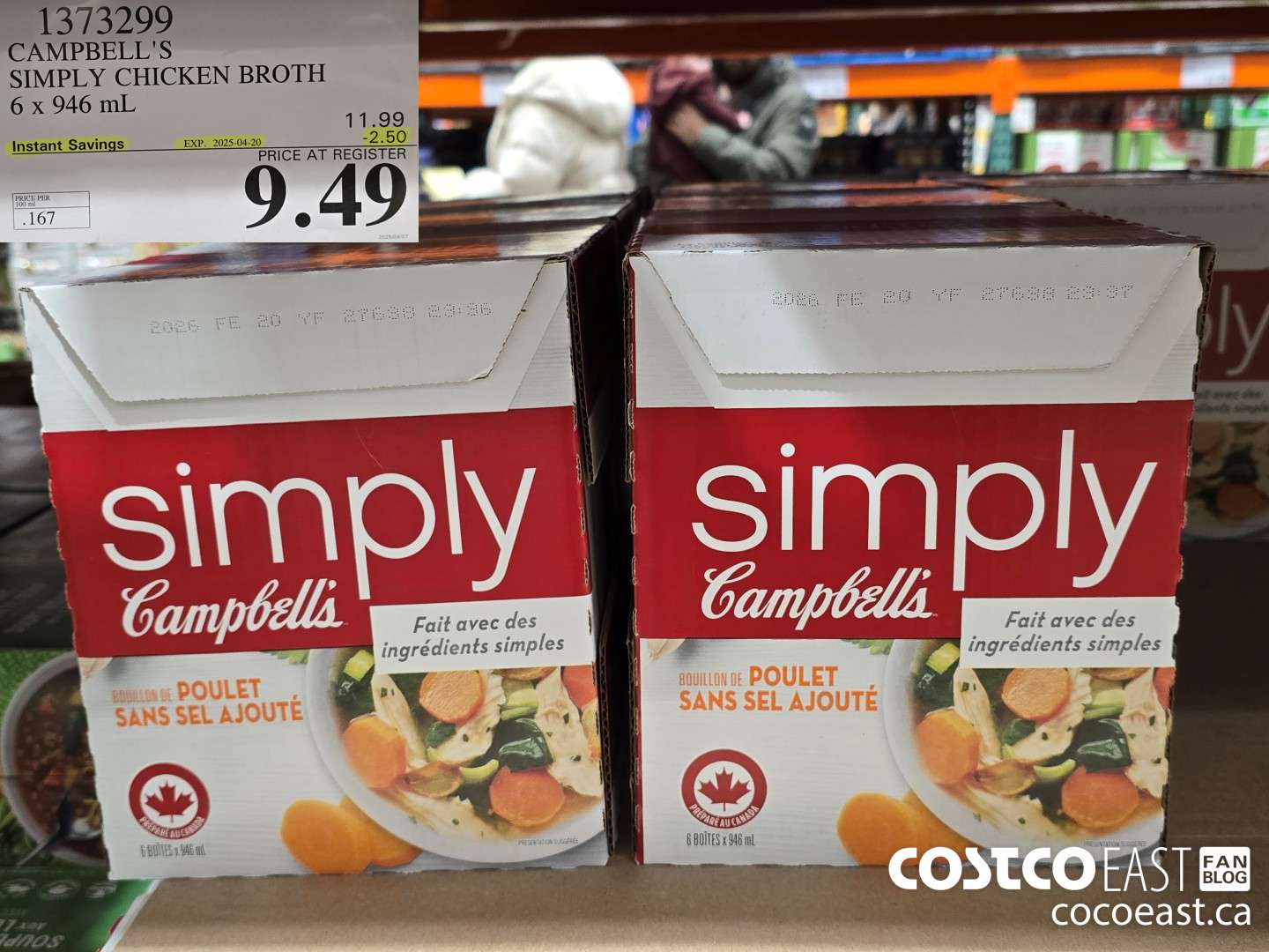 1373299 CAMPBELL'S SIMPLY CHICKEN BROTH 6 x 946 mL ($2.50 INSTANT SAVINGS EXPIRES ON 2025-04-20) $9.49