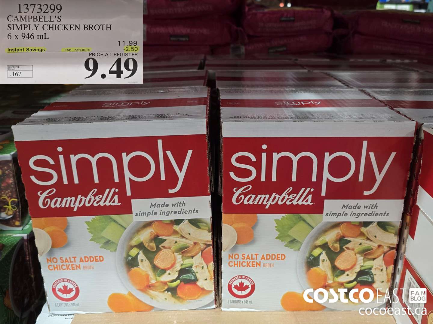 1373299 CAMPBELL'S SIMPLY CHICKEN BROTH 6 x 946 mL ($2.50 INSTANT SAVINGS EXPIRES ON 2025-04-20) $9.49