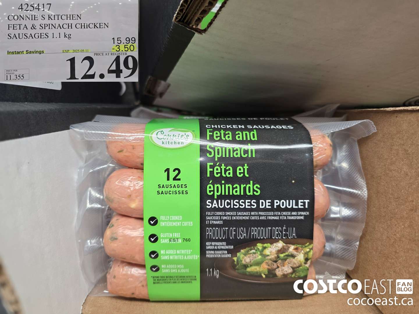 425417 CONNIE'S KITCHEN FETA & SPINACH CHICKEN SAUSAGES 1.1 KG ($3.50 INSTANT SAVINGS EXPIRES ON 2025-05-11) $12.49