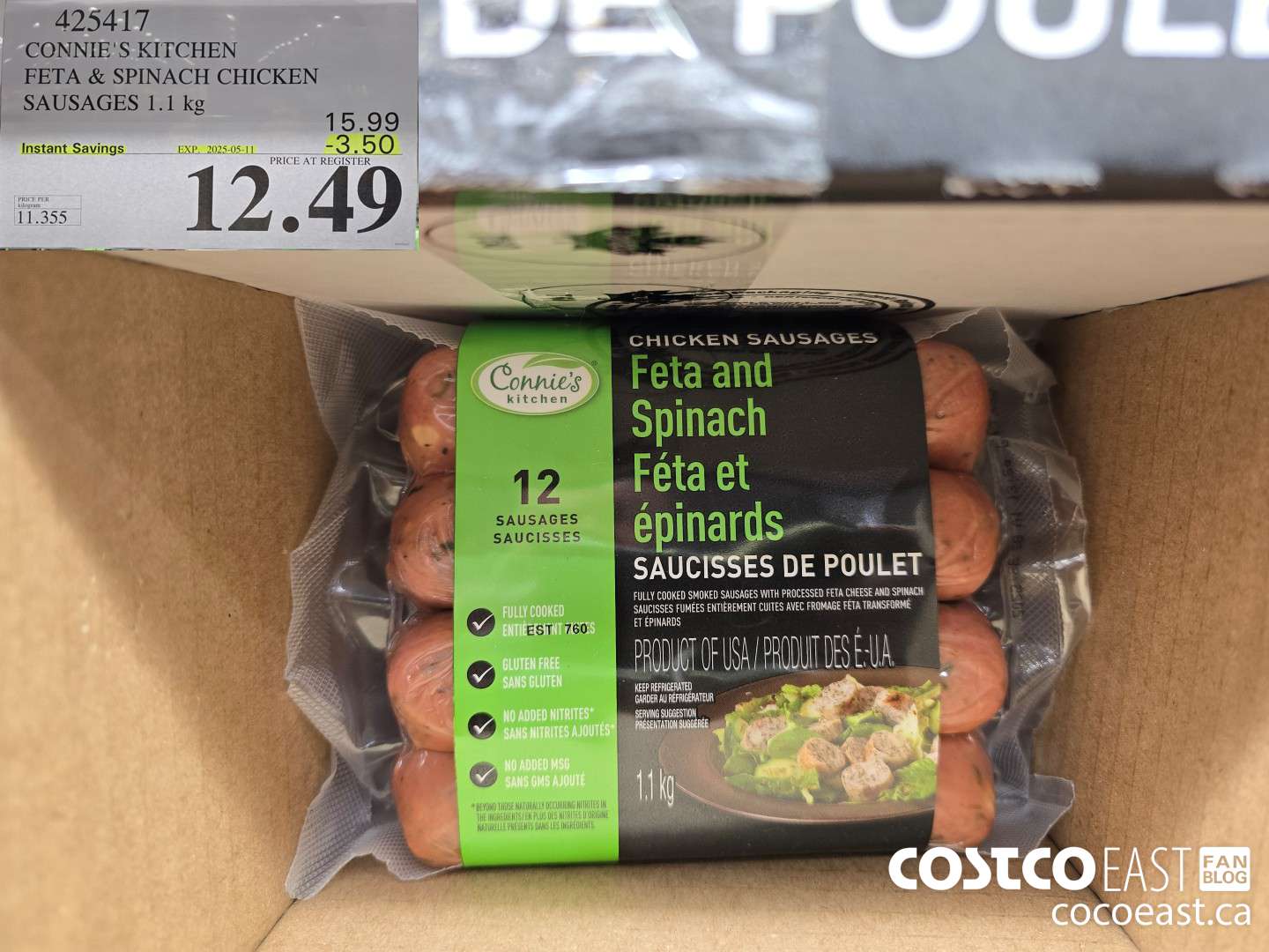425417 CONNIE'S KITCHEN FETA & SPINACH CHICKEN SAUSAGES 1.1 KG ($3.50 INSTANT SAVINGS EXPIRES ON 2025-05-11) $12.49