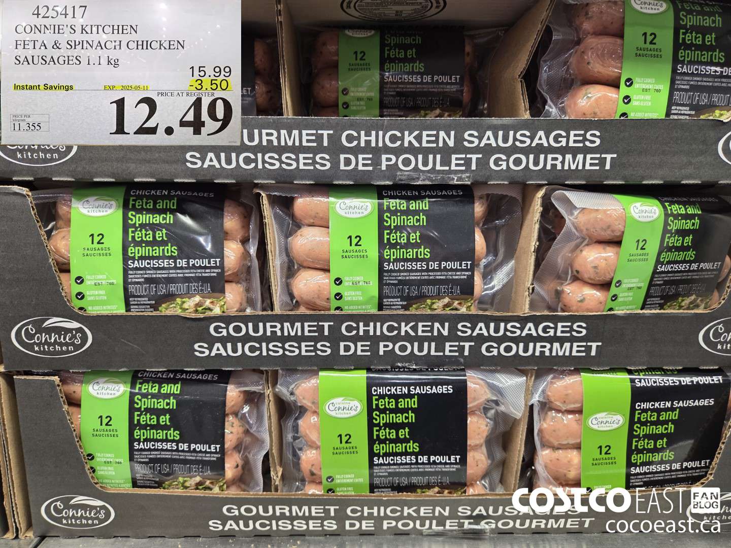 425417 CONNIE'S KITCHEN FETA & SPINACH CHICKEN SAUSAGES 1.1 KG ($3.50 INSTANT SAVINGS EXPIRES ON 2025-05-11) $12.49